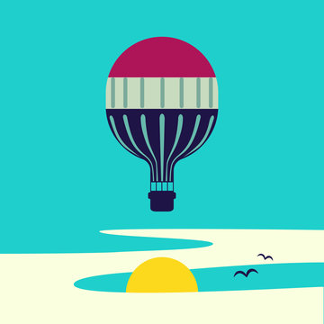 Hot air balloon in the sky with clouds. Stylized outdoor icon. Flat cartoon pop art style. Travel adventure fly concept banner template design. Simple minimal poster retro colors. Vector illustration