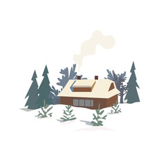 Rural house in snowy wood. Fancy cartoon style. Retro colors. Trees in snow. Sunlight scenic view. Wooden village building in Alps landscape. Template for winter banner background. Vector illustration