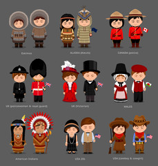 People in national dress. United Kingdom, Canada, United States of America (USA). Eskimos, Aleuts, American Indians. Set of pairs dressed in traditional costume.Vector flat illustration.