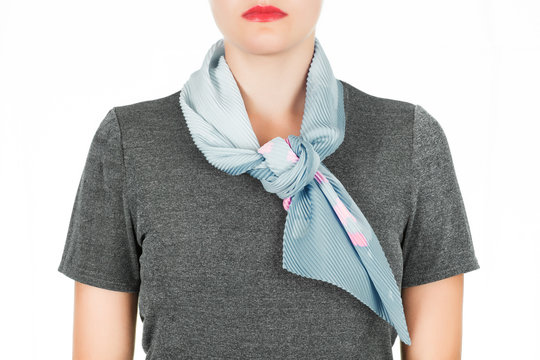 Silk Scarf. Blue Silk Scarf Around Her Neck Isolated On White Background.