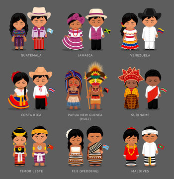People in national dress. Timor Leste, Fiji, Maldives, Papua New Guinea (Huli tribe), Costa Rica, Venezuela, Suriname, Jamaica, Guatemala. Set of pairs dressed in traditional costume with flag.