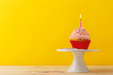 Decorated birthday cupcake with burning candle