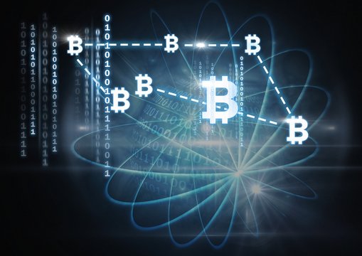 bitcoin graphic icons and binary code connecting