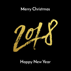 Merry Christmas 2018 Happy New Year golden glitter calligraphy lettering font for greeting card design template. Vector hand drawn gold glitter texture text for New Year holiday on black background