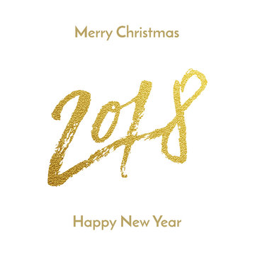 Merry Christmas 2018 Happy New Year golden glitter calligraphy lettering font for greeting card design template. Vector hand drawn gold glitter texture text for New Year holiday on white background