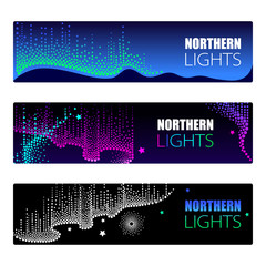 Vector horizontal template with dotted swirls of color northern or polar light on the Polar sky. Aurora borealis lights in dotwork style on the night background for arctic space or galaxy design. 