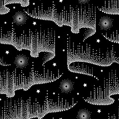 Vector seamless pattern with white dotted swirls of northern or polar light on the black background with stars. Aurora borealis lights in dotwork style for space and galaxy design. 