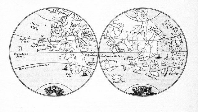 Two hemispheres of Earth from Martin Behaim globe (from Spamers Illustrierte Weltgeschichte, 1894, 5[1], 181)