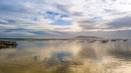 Fototapeta premium Vue aérienne des tables du parc à huîtres de l’étang de Thau à Mèze, Hérault en Occitanie, France