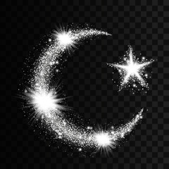 Silver particles wave in form of islam symbols crescent and star with bright shining and glowind particles isolated on transparent background. Glitter bright trail, glowing wave vector illustration