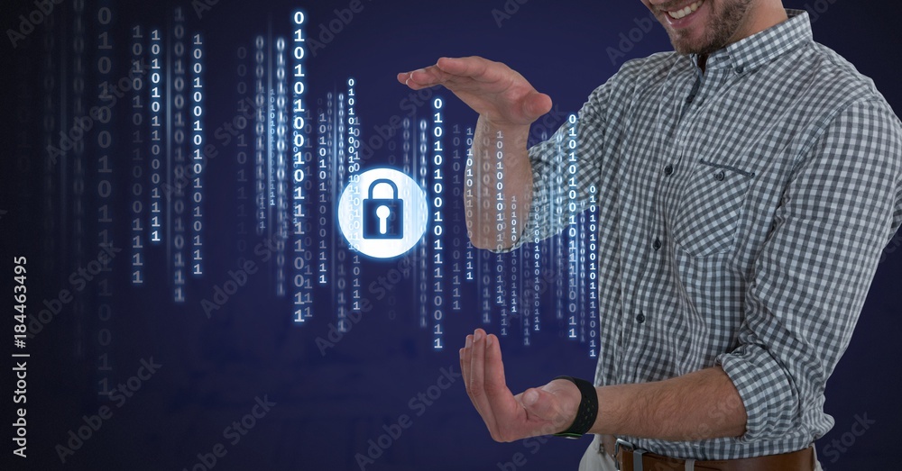 Poster businessman with hands palm open security lock icon with code