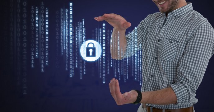 Businessman with hands palm open security lock icon with code