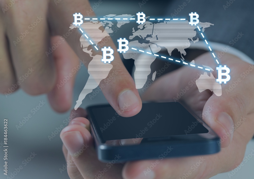 Aufkleber bitcoin icons and world map and hands using phone