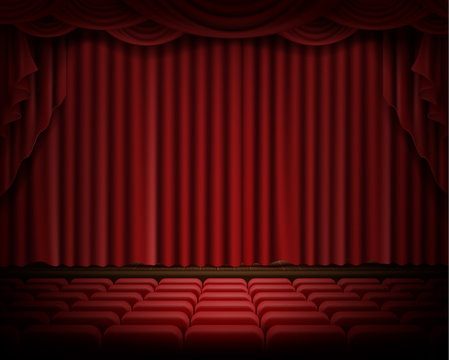 Open red stage curtain realistic vector illustration. Grand opening concept, performance or event premiere poster, announcement banner template with theater stage