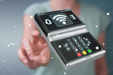 Obraz premium Businesswoman using home alarm security device 3D rendering