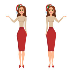 Vector Portrait of cartoon young attractive celebrating woman.Happy Girl in Santa Claus hat  isolated from white background. Brunette woman having fun.girl points to the left and right