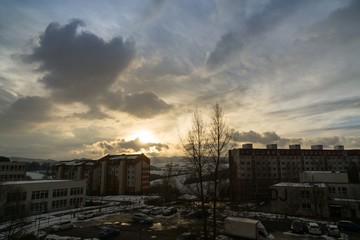 Sunset in the town during winter. Slovakia