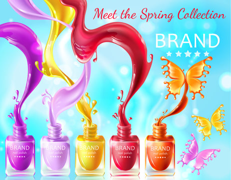 Cosmetic background, open bottles with nail polish with splashes in form of butterflies, 3d realistic vector . Mock up, template packaging design with brand information, promo poster for nail lacquer - Powered by Adobe