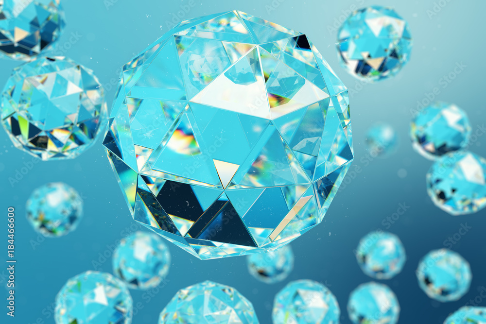 Poster 3d illustration abstract background of chaotic low poly spheres consisting of gem or diamond. partic