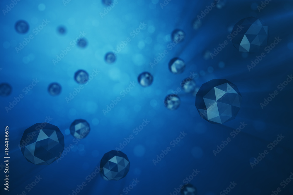 Poster 3d illustration abstract background of chaotic low poly spheres. particle in dusty space. blue futur