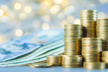 rows of coins, business, Finance banking and saving money concept