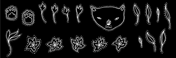 Hand drawn doodle decorative set. Vector illustration with flowers,  leaves, cat head and paws. Elements for design.