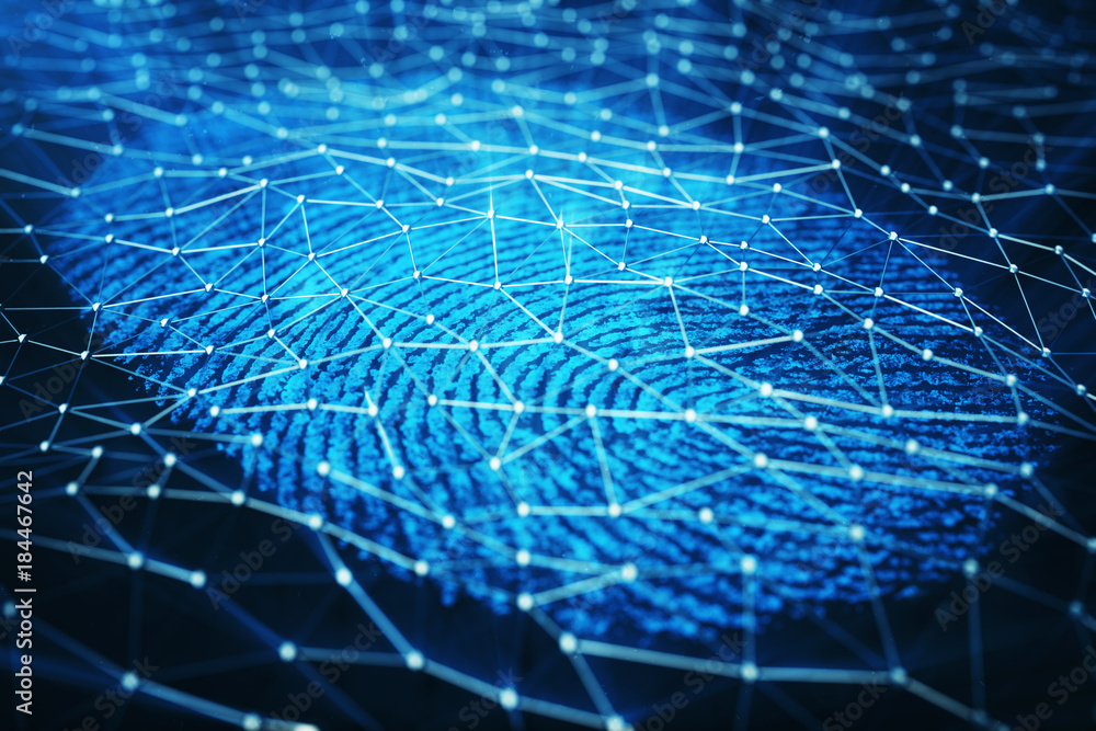 Poster 3d rendering fingerprint scanning identification system. fingerprint scan provides security access.