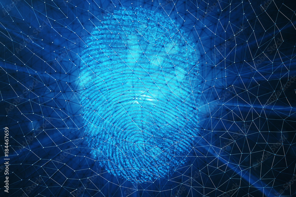 Poster 3d rendering fingerprint scanning identification system. fingerprint scan provides security access.