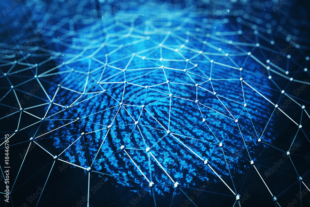 Poster 3d rendering fingerprint scanning identification system. fingerprint scan provides security access.