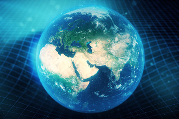 3D illustration Earth's gravity bends space around it. With bokeh effect. Concept gravity deforms space time grid around universe. Spacetime curvature. Elements of this image furnished by NASA.