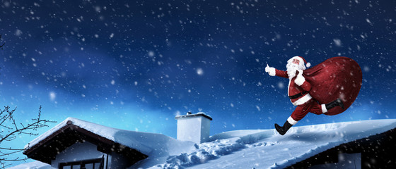 Weihnachtsmann mit einem Sack voller Geschenke auf dem Dach!