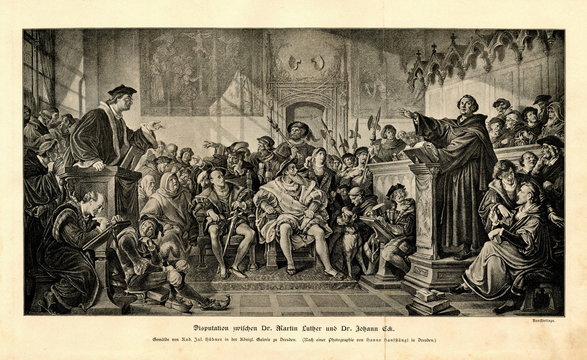 Debate between Martin Luther and Johann Eck (Leipzig Debate), painting of Julius H&uuml;bner(from Spamers Illustrierte Weltgeschichte, 1894, 5[1], 208/209)