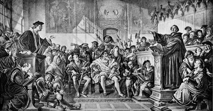Debate between Martin Luther and Johann Eck (Leipzig Debate), painting of Julius H&uuml;bner(from Spamers Illustrierte Weltgeschichte, 1894, 5[1], 208/209)