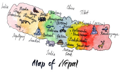 Cartoon map of attractions of Nepal, hand drawn watercolor illustration