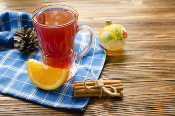 Hot mulled wine with orange and cinnamon