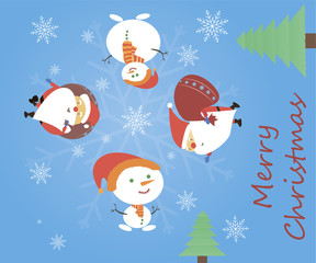 Christmas card with Santa Claus and snowman. Santa and a snowman come with gifts.