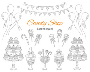 Vector illustration of Candy shop, hand drawn doodle style.