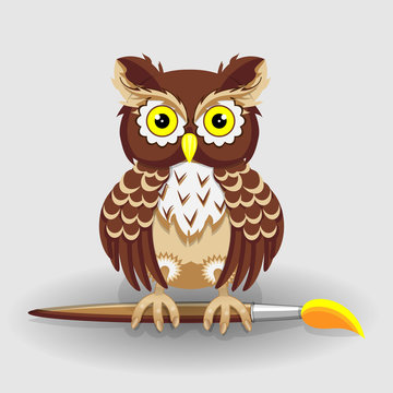 Owl with brush for drawing series of vector illustrations for children's creativity