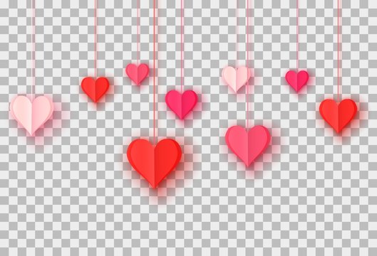 3d paper cut illustration of hanging red and pink paper hearts on transparent background. Vector
