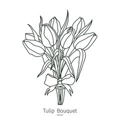 Vector tulip bouquet icon. Black and white lined isolated icon for polygraphy, web design, logo, app, UI.