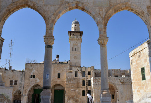 Jerusalem: the minaret of Al Aqsa Mosque, the Farthest Mosque located on Temple Mount
