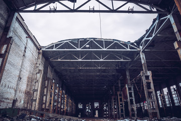 Abandoned industrial creepy warehouse, old dark grunge factory building