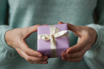 Beautiful female hands with packaged cute gift