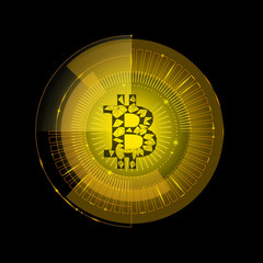 Golden bitcoin sign cryptocurrency in hud target. Low poly geometric finance e-commerce online pay blockchain system gold color black background vector illustration