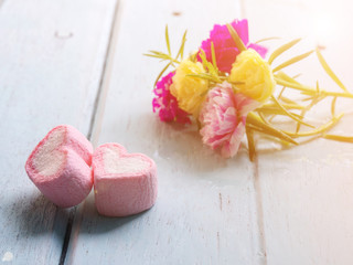 Pink marshmallow and Portulaca flowers