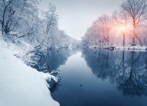 Fototapeta Winter forest on the river at sunset. Colorful landscape with snowy trees, frozen river with reflection in water. Seasonal. Snow covered trees, lake, sun and blue sky. Beautiful forest in snowy winter