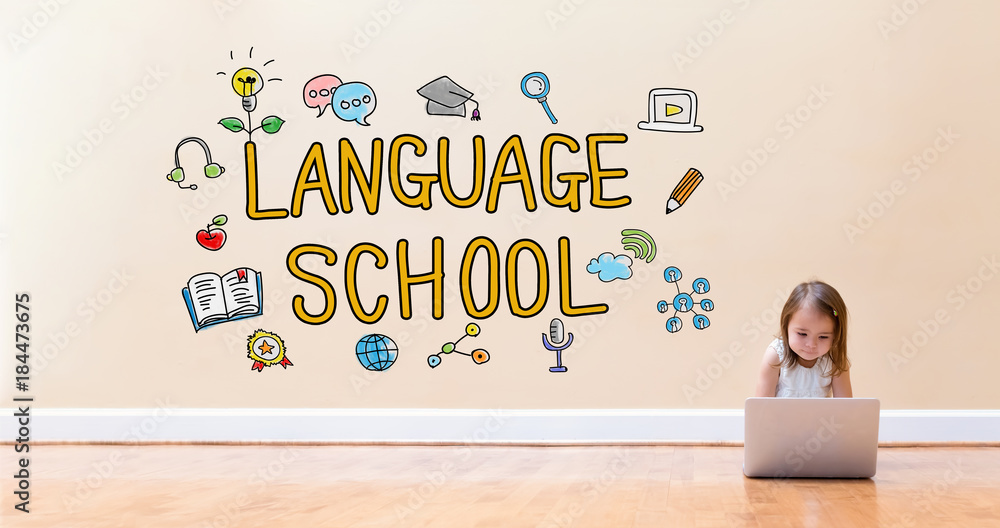 Poster language school text with little girl using a laptop computer on floor