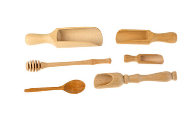 wooden spoon for spices, wooden spoon for honey, wooden products isolated on white background
