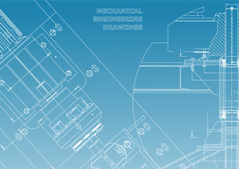 Blueprints. Mechanical construction. Technical Design. Cover. Banner. Blue and White