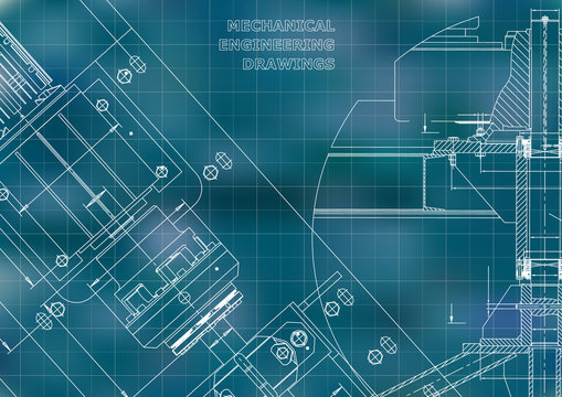 Blueprints. Mechanical construction. Technical Design. Cover. Banner. Blue. Grid